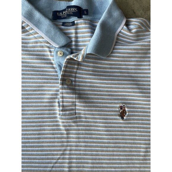 US Polo Assn Blue, Brown, White Striped Polo Shirt Men’s Size L - Picture 5 of 6